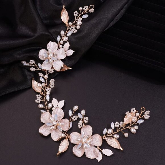 Women\'s Gold Flower Pearls Leaves Headband Bridal Wedding Hair Accessories main image 4